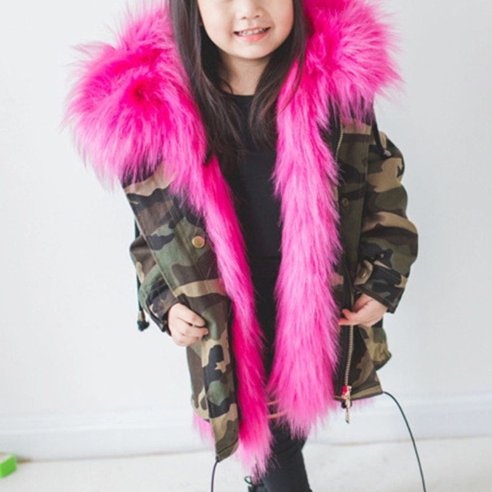 Faux hot pink fur lined toddler camo coat